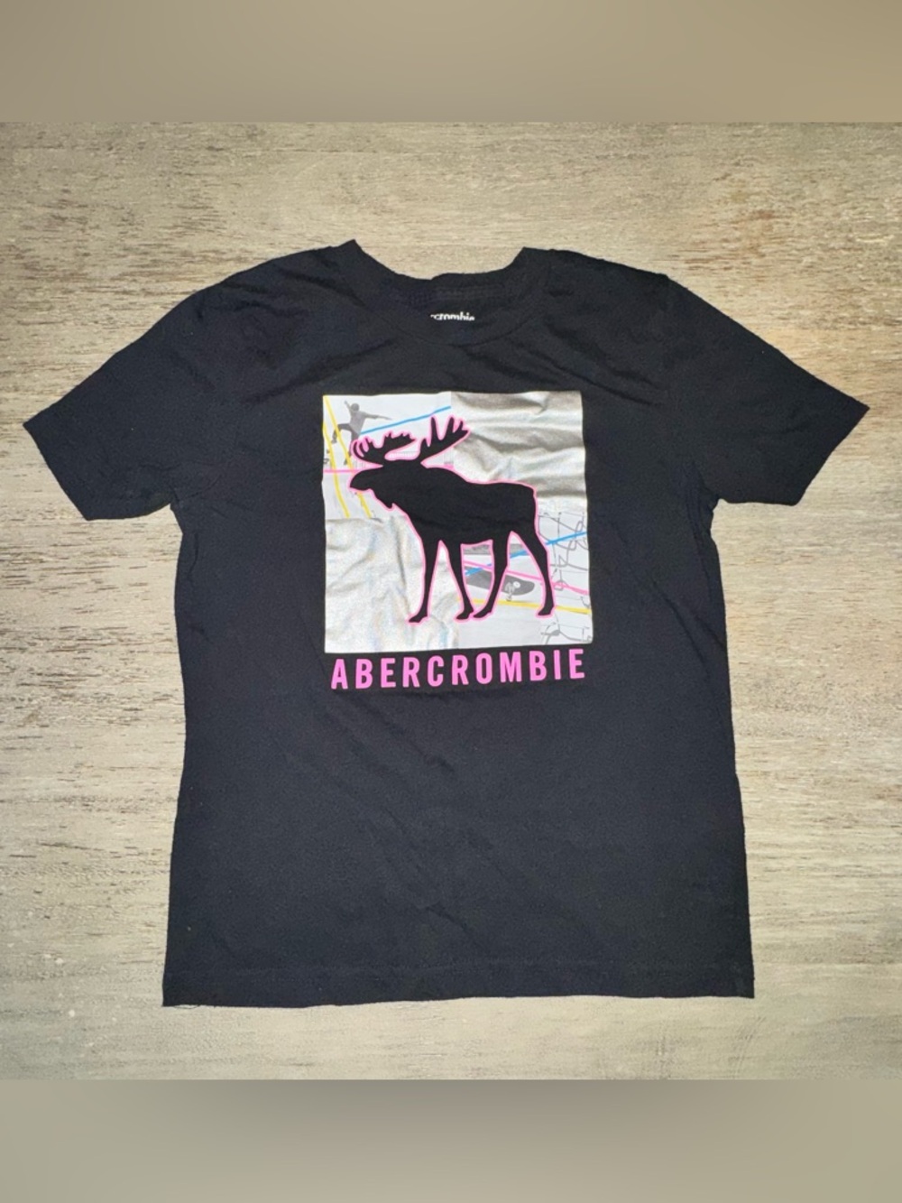 abercrombie kids Black Tee with Pink Moose Graphic